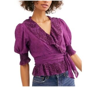 Free People Olivia Wrap Blouse Ruffle‎ Trim Purple Print Tie Waist XS